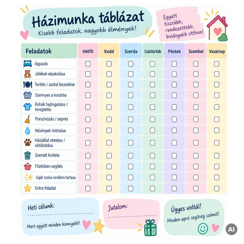 házimunka táblázat gyerekeknek